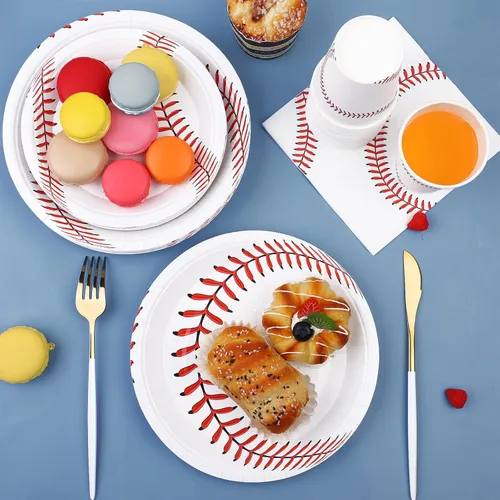 Miniatura 4 de ADXCO Juego de vajilla de 120 piezas para fiesta de béisbol, platos de papel desechables, servilletas, tazas de 7 pulgadas y 9 pulgadas
