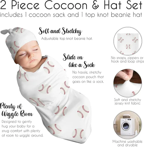 Miniatura 6 de Sweet Jojo Designs Juego de 2 gorros de béisbol para bebé, saco de dormir de punto elástico para bebé, recién nacido, saco de dormir, saco