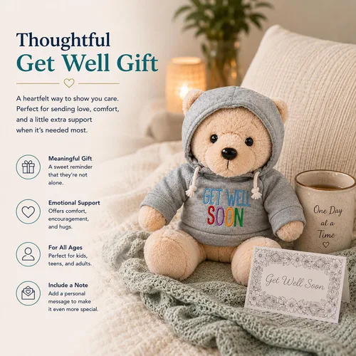 Miniatura 2 de Ganz Oso de peluche Get Well Soon de 9 pulgadas con capucha gris, regalo para niños y mujeres (animal de peluche de nariz bronceada)