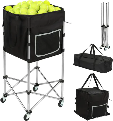 Carrito de pelota de tenis con ruedas y freno (capacidad 180) - Marco de acero inoxidable resistente con bolsa lavable desmontable - Tolva de viaje