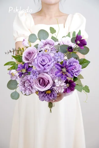 Miniatura 5 de Juego de caja de flores artificiales moradas, combo de rosas falsas y dalias para manualidades, boda, centro de mesa, buqué de novia, baby shower