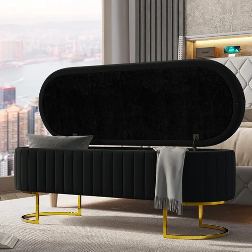 Miniatura 16 de EcoHarbor Living Banco de almacenamiento de 50.5" para pasillo, otomano tapizado con extremo de cama de terciopelo con patas doradas, reposapiés