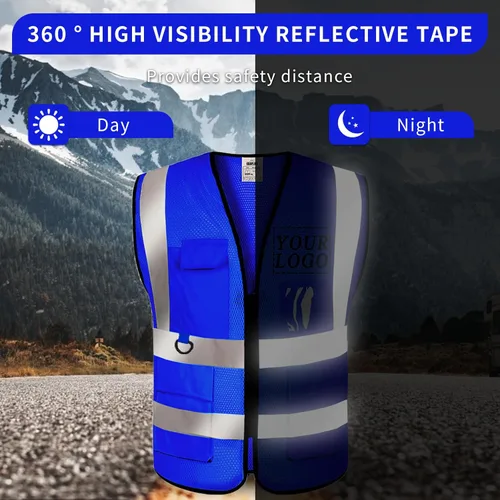 Miniatura 5 de Chaleco de seguridad con logotipo personalizado de alta visibilidad, chaleco reflectante clase 2, ropa de trabajo de construcción con 5 bolsillos