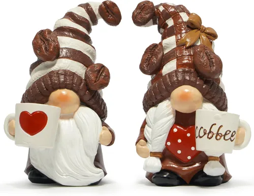 Hodao Gnomos de café de resina con taza, decoración de bar y hogar estilo nórdico, figuras coleccionables de 4.1 pulgadas, estatua sueca hecha a