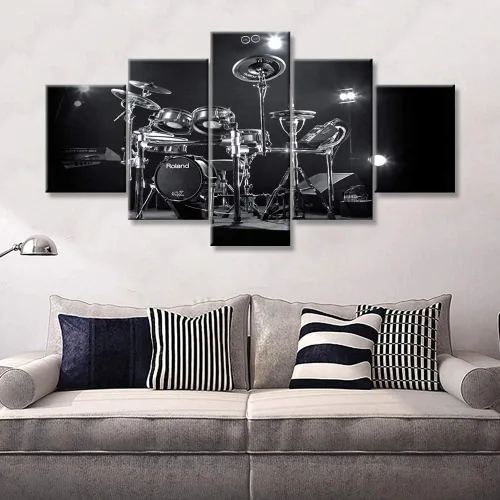 Miniatura 10 de Arte de pared en blanco y negro, kit de batería de jazz morado sobre fondo negro, pinturas de 5 paneles, lienzo, arte de pared para decoración
