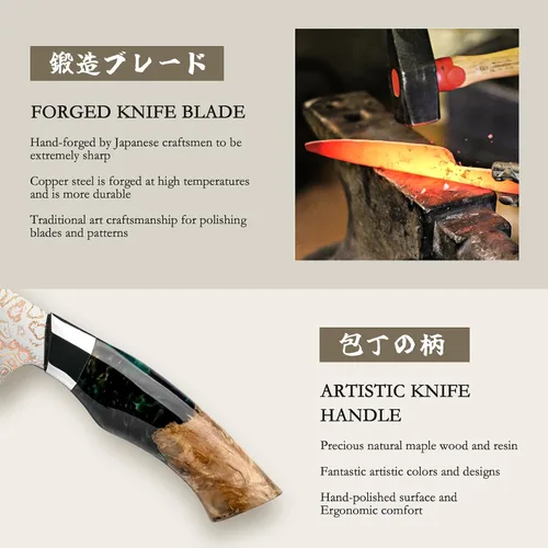 Miniatura 3 de Juego de cuchillos de cocina de Damasco SHAN ZU, cuchillos de cocina japoneses de cobre y acero de Damasco, cuchillo utilitario forjado a mano