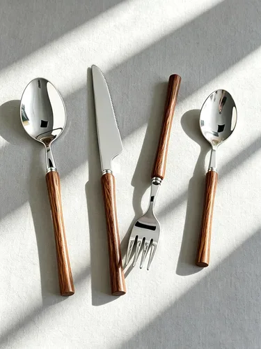 Juego de cubiertos de madera para 6 cubiertos de acero inoxidable de alta calidad, juego de 30 piezas de cubiertos de madera, incluye cuchillos,