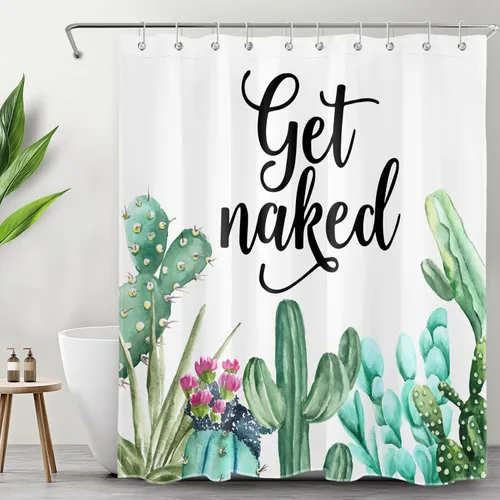 LB Get Naked - Cortina de ducha de cactus con citas divertidas, plantas tropicales, suculentas, verdes, acuarela, cactus y flores, cortinas de ducha