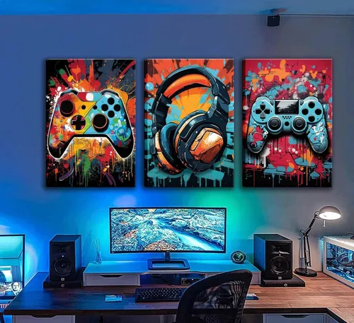Miniatura 4 de 3 piezas de arte de pared para juegos geniales, pósters de acuarela de videojuegos retro, cuadros coloridos de mando de neón, impresiones de pintura