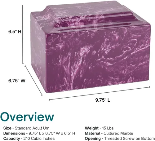 Miniatura 3 de Urna de cremación clásica de mármol cultivado de amatista para cenizas, morado, urna de cremación de tamaño adulto para cenizas humanas, entierro