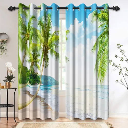Miniatura 15 de Renaiss Cortinas opacas con diseño de mar tropical, nublado, cielo azul y verde azulado, estrella de mar transparente en playa arenosa, sala