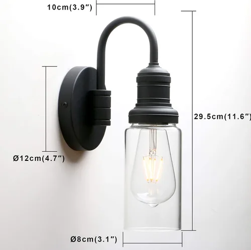 Miniatura 3 de PERMO Aplique industrial vintage negro con pantalla cilíndrica de vidrio transparente de 3.1 pulgadas, lámpara de montaje en pared para sala