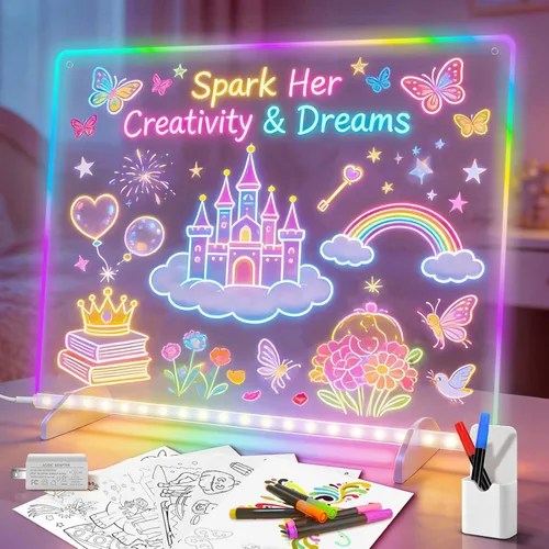 Tablero de dibujo LED con 8 colores, pizarra acrílica de borrado en seco de 13 x 10 pulgadas con 13 efectos de luz, tablero de garabatos brillantes,