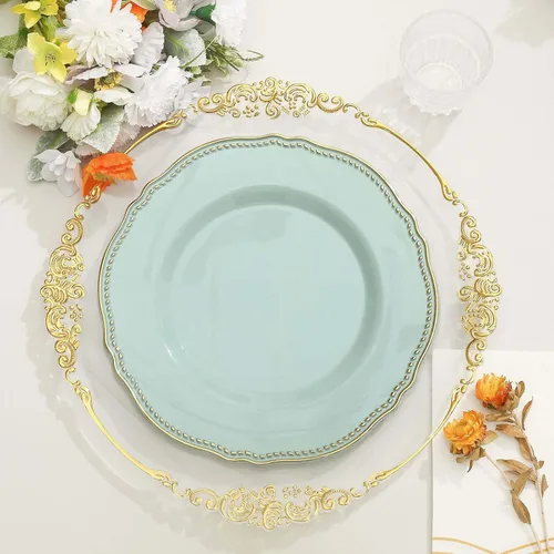 Miniatura 5 de Efavormart - Paquete de 10 platos llanos de plástico con borde festoneado negro/dorado de 9 pulgadas, platos desechables para fiestas de bodas