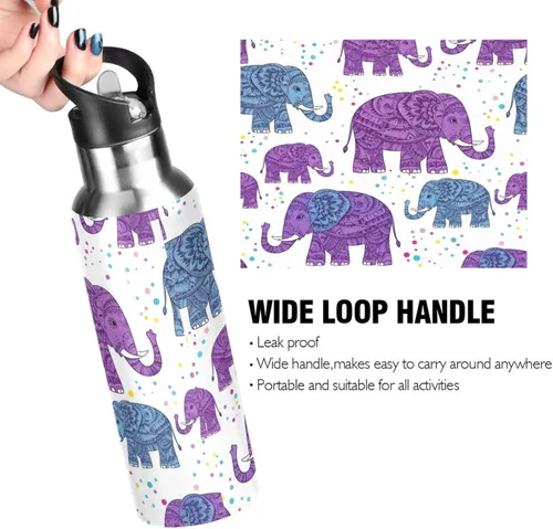 Miniatura 4 de BPA-Free Sport Water Bottle 32 Oz, Insulated Water Bottle for Gym Outdoor Travel School, Cute Purple Elephants Purple Blue