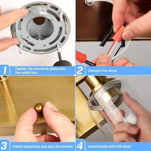 Miniatura 7 de ShineTech 2 luces de tocador doradas para baño, iluminación de pared moderna con vidrio transparente, luz de aplique de latón cepillado para espejo