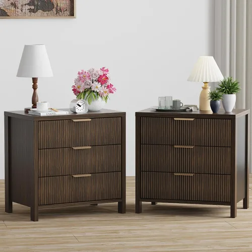 Miniatura 14 de Mesita de noche acanalada, 23.7 pulgadas de ancho con 3 cajones, moderna mesita de noche de mediados de siglo con asas, mesa auxiliar de madera