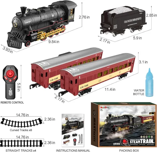 Miniatura 7 de Conjunto de Tren Hot Bee para Niños, Juego de Tren de Navidad con Control Remoto con Locomotora de Vapor, Coches de Pasajeros Ligeros y Pistas