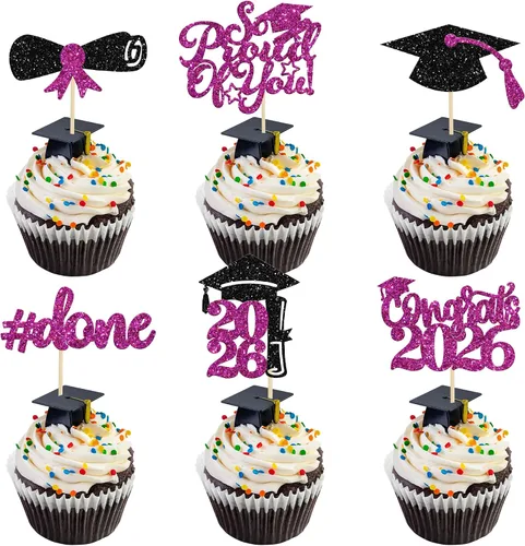 Miniatura 37 de Gyufise 24 piezas Adornos para pastel de graduación 2026 con purpurina negra, clase de 2026, adornos para magdalenas con gorra de graduación