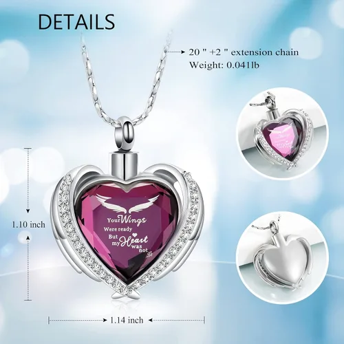Miniatura 6 de Imrsanl Joyería de cremación con dije de urna de corazón de ala de ángel para mujer, urnas de cristales para cenizas humanas, medallón
