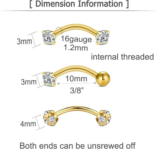 Miniatura 2 de MODRSA Rook - Piercing para mujer, aretes para cejas, acero quirúrgico, joyería vertical para labret de 0.63 onzas, 0.49 oz, barra curvada, Snug