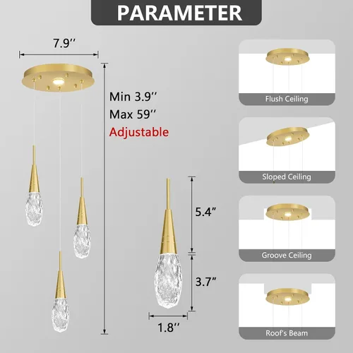 Miniatura 2 de 3 luces LED colgantes para isla de cocina, lámpara regulable dorada, moderna iluminación colgante de cristal para comedor, dormitorio, sala