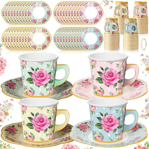 Miniatura 11 de Umigy 60 juegos de decoraciones para fiestas de té, 6.5 onzas, tazas de té de papel floral de hadas con asa y platos, juegos de tazas de té y Azul