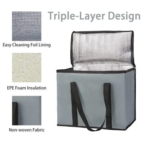 Miniatura 5 de Bolsa térmica, suave y aislada, bolsa de alimentos plegable para entrega de alimentos, portátil, color gris negro, paquete de 4, tamaño L Gris oscuro