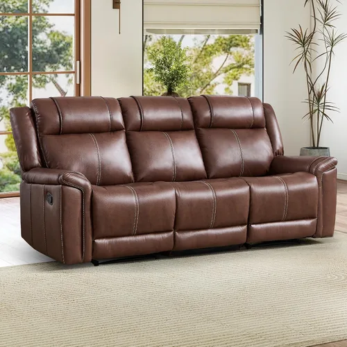 Miniatura 7 de EBELLO Sofá reclinable de cuero sintético de 3 plazas, sofá reclinable manual, silla de 3 asientos de estilo moderno de mediados de siglo con Marrón