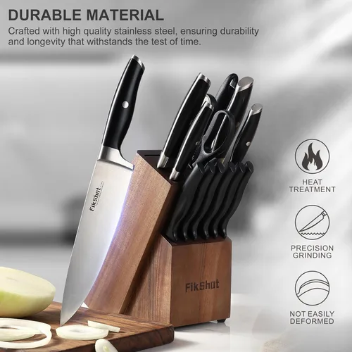 Miniatura 6 de FIKSHOT - Juego de bloques de cuchillos, juego de cuchillos de cocina de acero inoxidable de alto carbono, espiga completa, hoja afilada resistente