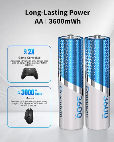 Miniatura 3 de Paquete de 8 baterías AA recargables de 3600 mWh, baterías AA de litio recargables de 1.5 V, más de 2000 ciclos de larga duración doble A