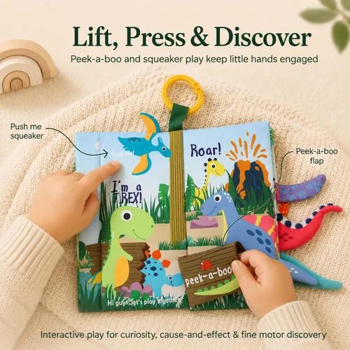 Miniatura 5 de Libros de dinosaurio para bebés de 0 a 6 meses, libros de tela arrugada para bebés, juguetes para el tacto y la sensación de la barriga para bebés