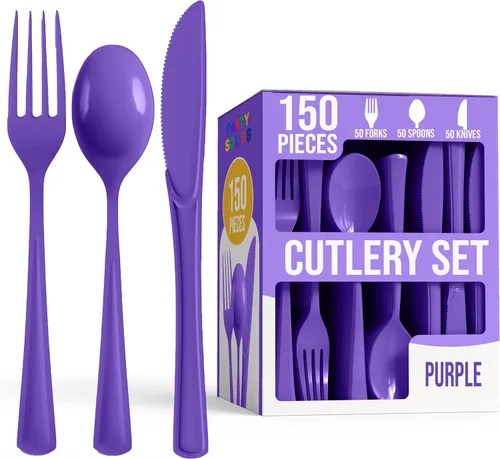 Miniatura 20 de Party Solids Cerise - Cubiertos de plástico resistentes, 150 piezas de cubiertos desechables de Cerise, juego de utensilios, 50 de cada tenedor