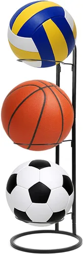 QWORK Estante de almacenamiento para pelotas de baloncesto: diseño vertical de 3 niveles, montaje en pared o independiente, solución de ahorro de
