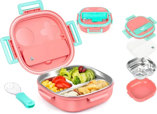 Miniatura 11 de Pequeña mini caja Bento o caja de aperitivos con 3 compartimentos extraíbles de acero inoxidable y cubiertos para bebé de 0 a 24 meses, a prueba