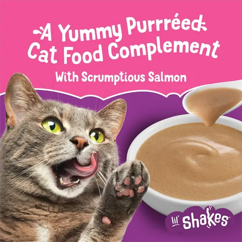 Miniatura 3 de Purina Friskies Complemento de Comida para Gatos en Puré, Lil' Shakes con Delicioso Salmón, Premios Lamibles para Gatos - (Paquete de 16) Bolsitas
