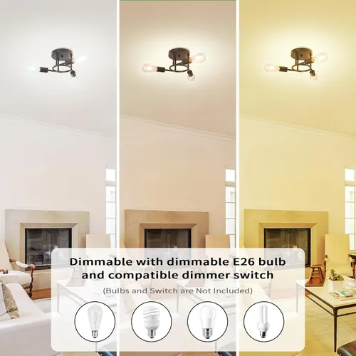 Miniatura 5 de Finktonglan Lámpara de techo semiempotrada de 3 luces, lámpara de techo Sputnik negro mate, lámpara moderna de granja E26 para cocina, dormitorio