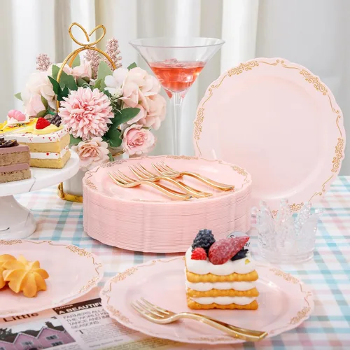 Miniatura 7 de LIYH 100 piezas de platos de postre de oro rosa - 100 piezas de tenedores de plástico dorados, platos para pasteles desechables con tenedores