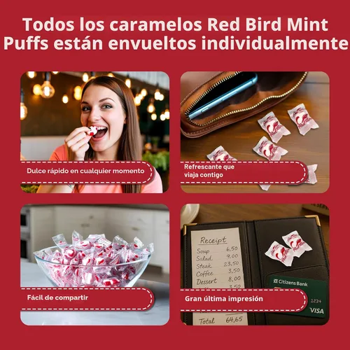 Miniatura 4 de Red Bird caramelos de menta blandos en puffs, caramelos de Navidad envueltos individualmente, perfectos para regalos de calcetín, tubo de 52 oz