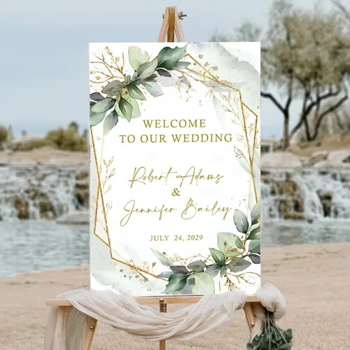 Letrero personalizado de bienvenida de eucalipto a nuestra boda, letreros de bienvenida de boda con soporte, letrero de boda al aire libre, soportes