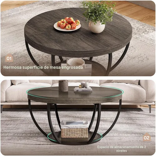 Miniatura 6 de Tribesigns Mesa de Centro Redonda, 31.7" Mesa de Centro Circular de Madera de 2 Niveles con Estantes de Almacenamiento, Mesa de Cóctel de Acento