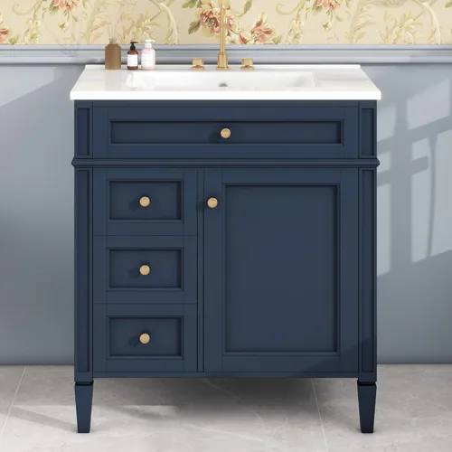 Miniatura 6 de Virubi Tocador de baño de 30 pulgadas con fregadero de cerámica, armario de almacenamiento independiente moderno con 1 puerta, 2 cajones y cajón Azul