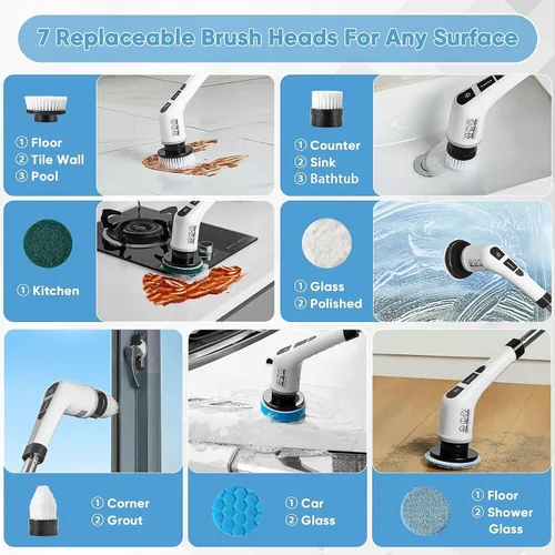 Miniatura 4 de Limpiador eléctrico giratorio, cepillo de limpieza inalámbrico con 9 cabezales de cepillo reemplazables, para bañera y suelo de azulejos de 360