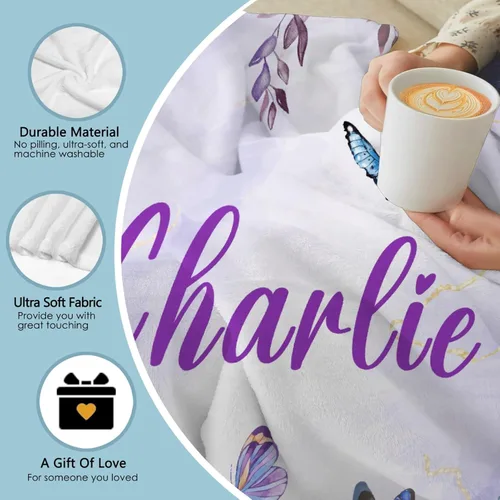 Miniatura 8 de Manta personalizada de franela de vellón de mariposa para bebé, manta de regalo personalizada con nombre, manta ligera y suave, bonita manta
