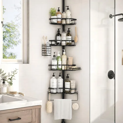 DTUQYX Barra de tensión de esquina para regadera, estante organizador de baño ajustable de 43.5 a 120 pulgadas, estante de almacenamiento para baño,
