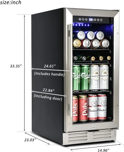 Miniatura 2 de IOCCIOBB Mini refrigerador de 15 pulgadas, gabinete de vino y bebidas, 120 latas, 34-65°F, silencioso, estantes ajustables, iluminación LED, ETL