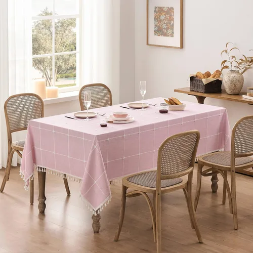 Miniatura 43 de ZeeMart - Mantel de mesa con diseño de cuadrícula boho y borlas (blanco roto, 132 cm x 132 cm), mantel de gran peso de lino a cuadros bordado