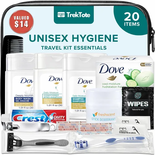 Kit de aseo de viaje para hombres y mujeres, juego de 20 piezas de artículos de aseo de tamaño de viaje, cumple con la TSA, incluye champú y