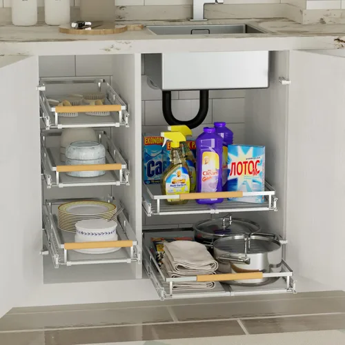 Miniatura 5 de SANNO Organizador de gabinete extraíble, cesta deslizante para cajones de despensa, estante deslizante expandible debajo del fregadero, cajones