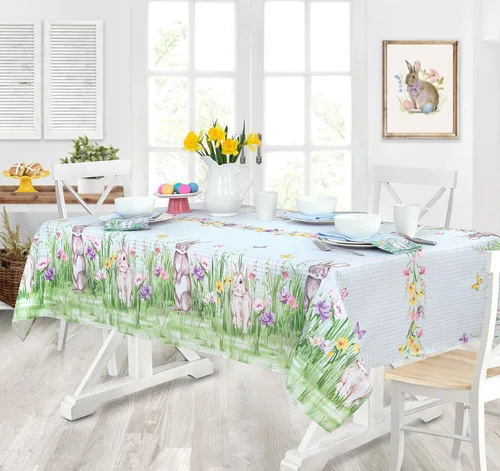 Miniatura 9 de Manteles Newbridge con diseño de Pascua, primavera, prado y conejos bordados, adorable tela de mantel con conejos y de color azul, con estampado a